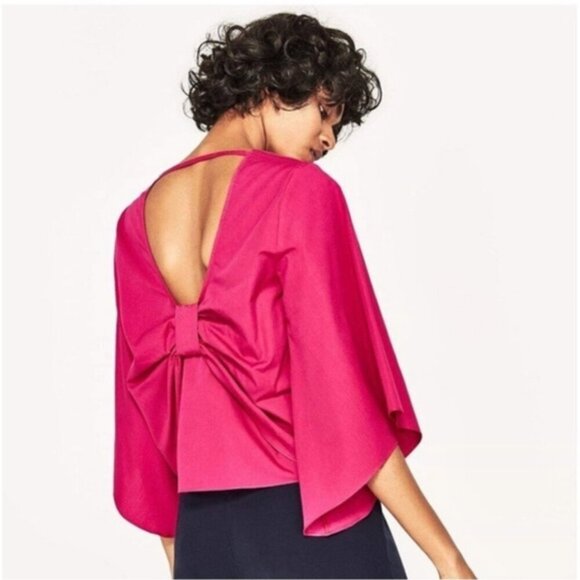 Zara Tops - Zara Fuchsia Wide Sleeve Bow Cropped Blouse Size M NWOT